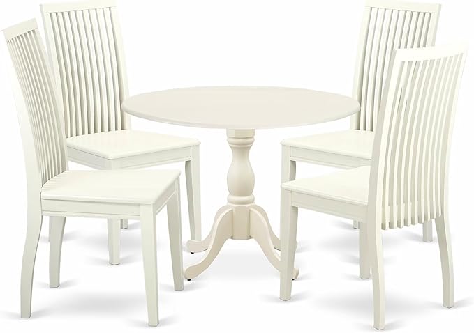 East West Furniture DMIP5-LWH-W 5 Piece Dining Room Furniture Set Includes a Round Kitchen Table with Dropleaf and 4 Dining Chairs, 42x42 Inch, Linen White