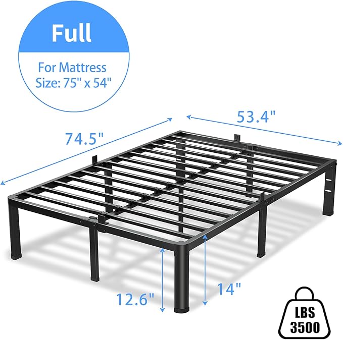 14 Inch Full Size Bed Frame, 3500Lbs Heavy Duty Metal Platform with Round Corner Legs Mattress Slide Stopper, Steel Slat Support No Box Spring Needed, Noise Free, Non-Slip, Easy Assembly