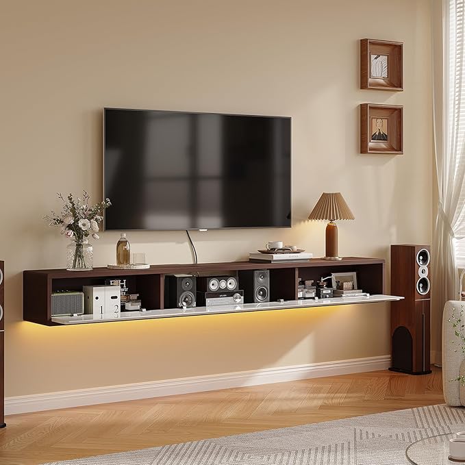 Floating TV Stand High Gloss,86'' Wall-Mounted TV Cabinet,Floating TV Console,Under TV Shelf with 3 Doors for Living Room Bedroom(Walnut+White)