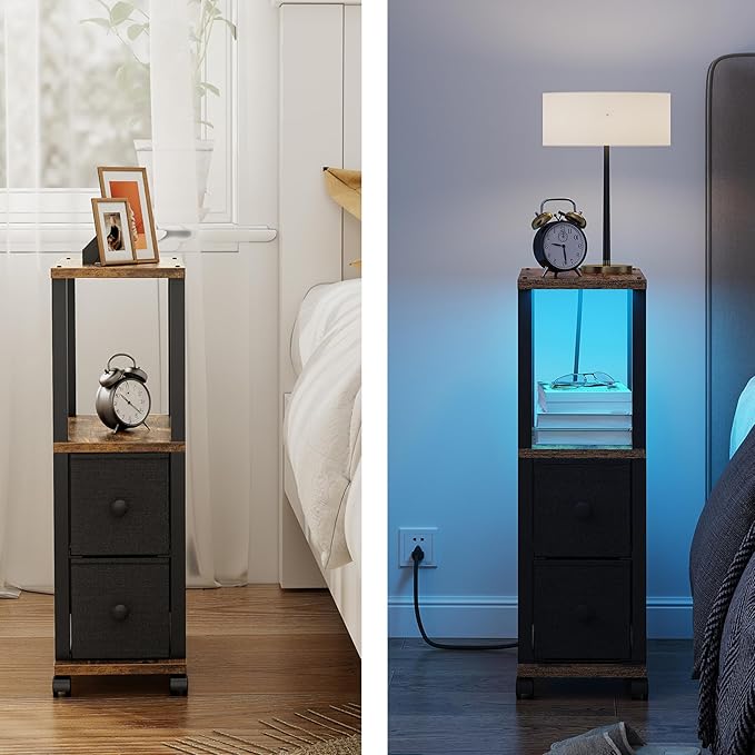 TUTOTAK Small Narrow End Tables, LED Side Tables with 2 Fabric Drawers, Set of 2, Bedside Tables with Charging Station for Small Spaces, Slim Nightstands with USB Ports and Wheels, TB01BB053L