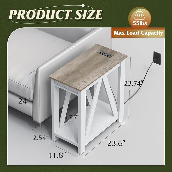 WLIVE Farmhouse End Table, Narrow Side Table with Charging Station, Slim End Table, Side Table for Bedroom, Living Room, Small Spaces, with 2 USB and 2 Power Outlets, 11.8" D x 23.6" W x 23.74" H