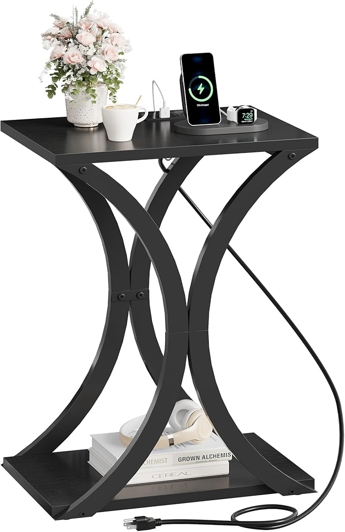 End Table with Charging Station, 2-Tier Modern Side Table, Nightstand with Storage Shelf, for Small Spaces, for Bedroom, Living Room, Home Office, Black TBZ20UBB