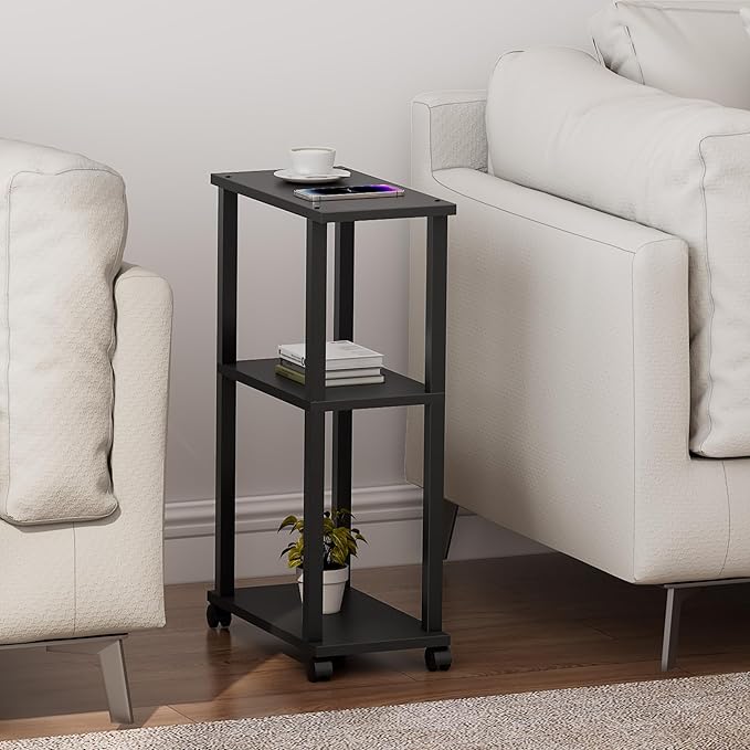 TUTOTAK Small Side Table, Narrow End Table, Bedside Table, Couch Side Table with Wheels for Living Room or Bedroom, Black TB01BK061