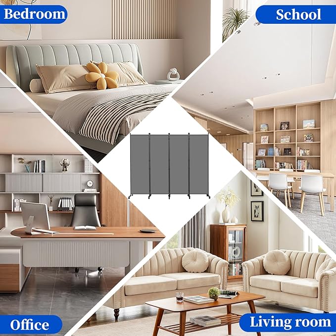 Room Divider 6FT Room Partition with Lockable Wheels,4 Panel (Thicked Metal Base) Room Dividers, Freestanding Indoor Folding Privacy Screens, Portable Fabric Wall Divider for Room Separation, Grey