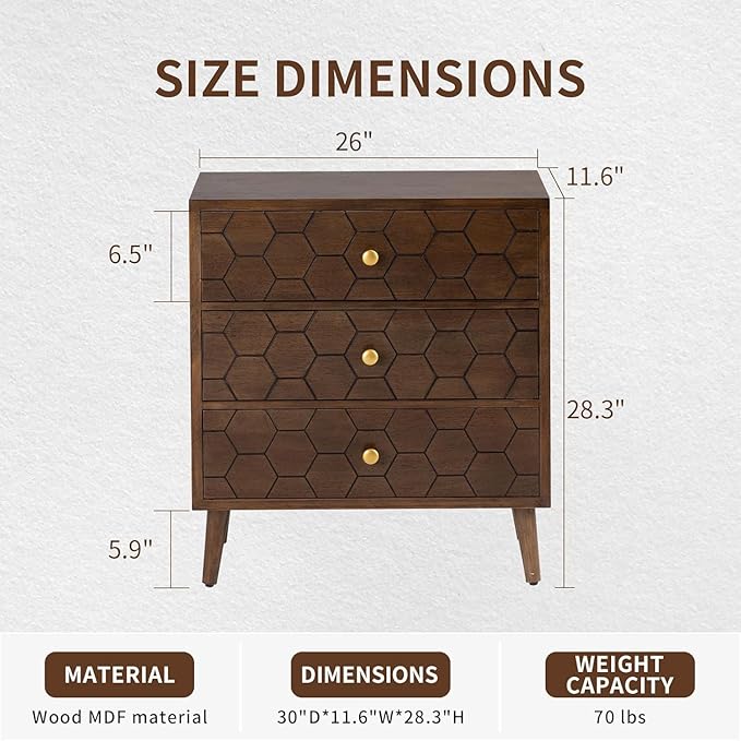 COSIEST Modern End Table w 3 Storage Drawers, Night Stand w Honeycomb Pattern, Small Wood Chest, Accent Cabinet for Bedroom, Living Room