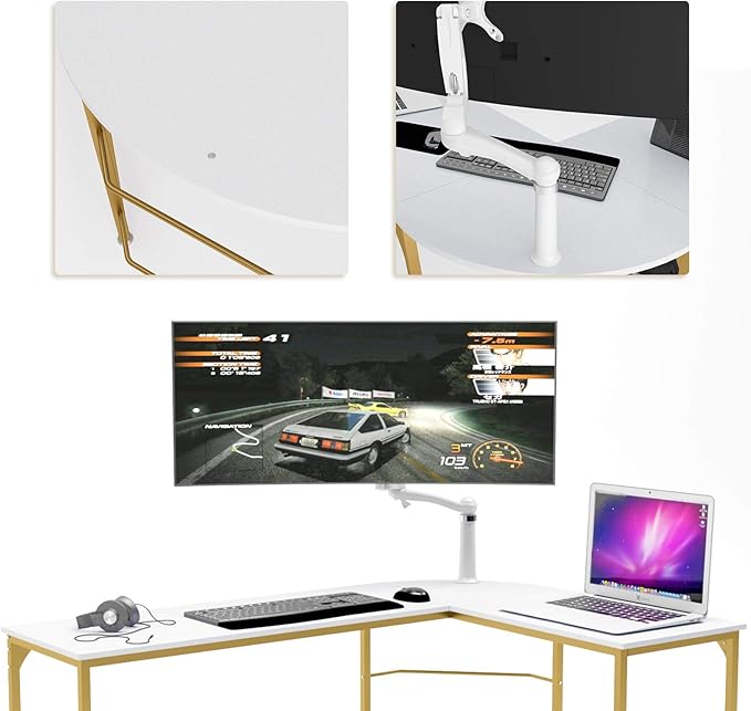 Teraves Reversible L Shaped Desk White - 57.9" Corner Gaming Computer Desk, Office Workstation Modern Home Study Writing Wooden Table