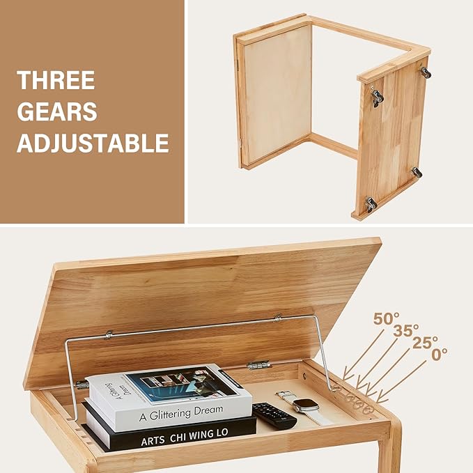 CozyDH Adjustable C Shaped End Table, Solid Wood Rolling Side Table, TV Sofa Tray Table for Couch Arm Eating Multi-Purpose, Small Coffee Table with Wheels Living Room Bedroom, Natural