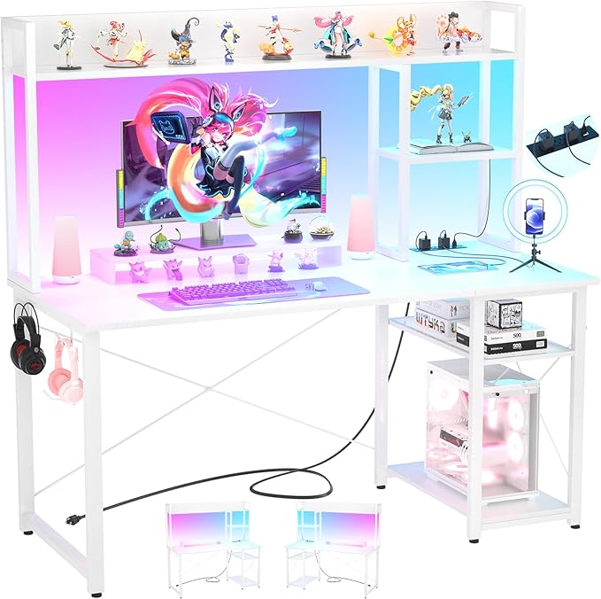 Cyclysio Gaming Desk with Hutch, 47'' Computer Desk with LED Lights & Power Outlets, Home Office Desk with Reversible 5 Tiers Storage Shelves & Monitor Stand, Small Gaming Table for Small Space, White