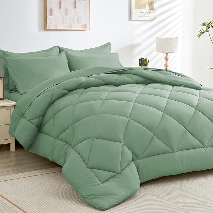 HEVUMYI Light Green Twin Comforter Set - 5-Piece All Season Bed in a Bag Twin, Ultra Soft Bedding Set with Comforter, Flat Sheet, Fitted Sheet, Pillowcases, Pillow Shams