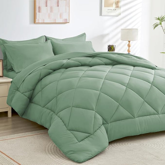 HEVUMYI Light Green Cali-King Comforter Set - 7-Piece All Season Bed in a Bag Cali-King, Ultra Soft Bedding Set with Comforter, Flat Sheet, Fitted Sheet, Pillowcases, Pillow Shams