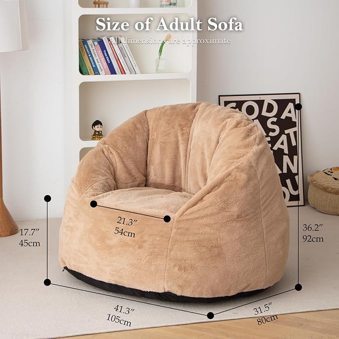 N&V Large Shell Bean Bag Chair, Adult Size Bean Bag Sack, Foam Filling, Includes Removable and Machine Washable Cover, 40in, Soft Faux Fur, Brown