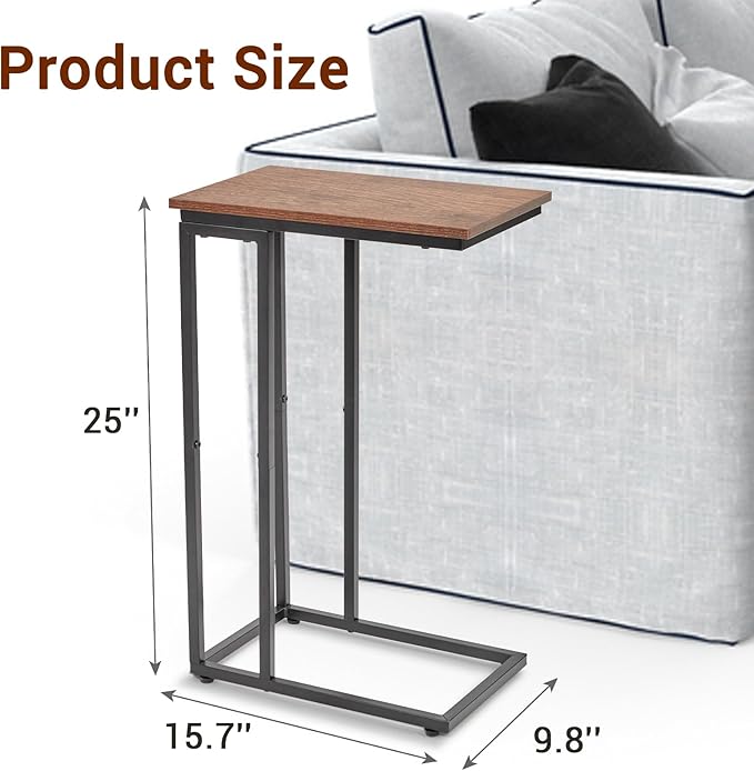 C-Shaped End Table, for Living Room, Bedroom, Small Spaces, TV Tray Couch Side Tables Laptop Table, Rustic Brown and Black