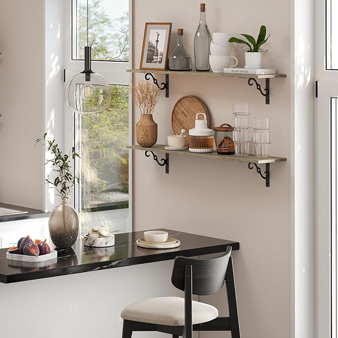 DINZI LVJ Long Wall Shelves, 23.6 Inch Large Floating Shelves Set of 2, Wide Display Shelf Wall Mounted with Brackets, Easy Hanging for Living Room, Toilet, Office, Bedroom, Gray Wash