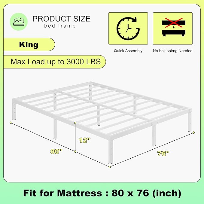 12 Inch White King Size Bed Frame, Heavy Duty King Size Platform Bed Frame, Mattress Foundation, No Box Spring Needed, Easy Assembly, Noise-Free