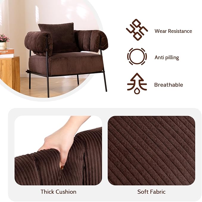 HollyHOME Modern Velvet Accent Chair, Upholstered Comfy Reading Chair, Fabric Large Lazy Arm Chair with Soft Cushion, Metal Frame Lounge Sofa Chair for Living Room, Bedroom, Balcony, Coffee