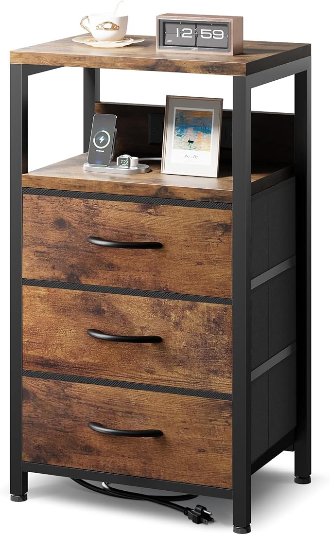 NightStand Bedside Charging Table Bedroom - Night Stand with Charger Station, Modern Nightstand with Open Shelf & 3 Fabric Drawers, Bed Side Table USB-C USB Ports & AC Outlets for Dorm Living Room