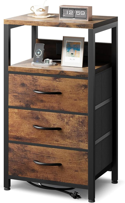 NightStand Bedside Charging Table Bedroom - Night Stand with Charger Station, Modern Nightstand with Open Shelf & 3 Fabric Drawers, Bed Side Table USB-C USB Ports & AC Outlets for Dorm Living Room