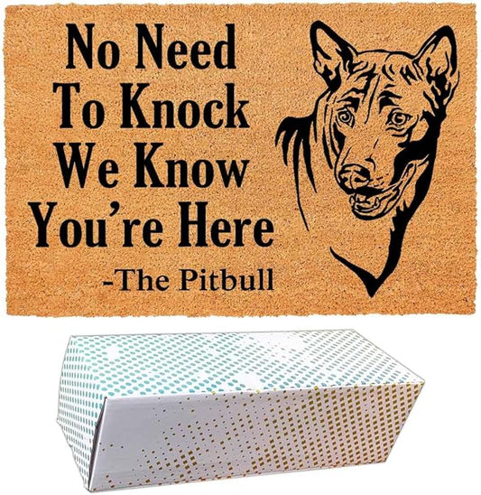 Funny Coir Doormat with The Pitbull Dog We Know You are Here - Front Door Mat, Entryway Welcome Mat, 23.7 x 15.7 inch