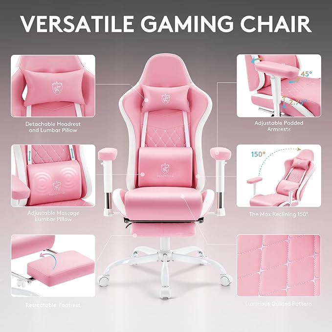 Gaming Chair,Computer Office Chair with Footrest,Massage Lumbar Support and Gel Pad,Ergonomic Reclining Leather Gamer Chair with Headrest,Adjustable Armrests and Spring Cushion Pink