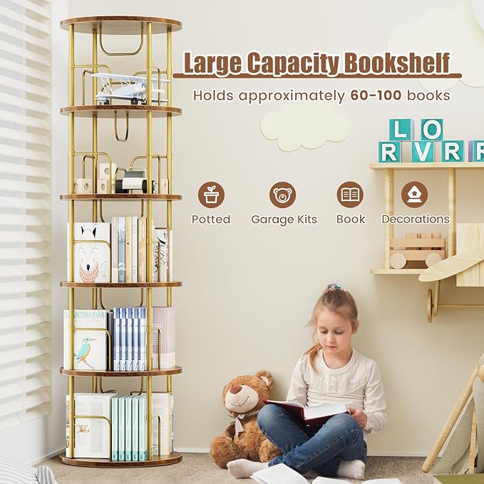 5 Tier Rotating Bookshelf, 360 ° Display Stackable Spinning Bookshelf Tower, Narrow Space Saving Tall Floor Standing Swivel Bookcase Corner Storage Organizer for Bedroom, Living Room, Gold