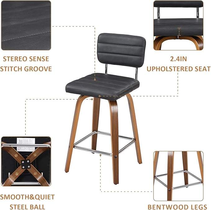 Counter Height Bar Stools Set of 2 Wood Swivel Bar Stools for Kitchen Island Modern Square Barstools with Leather Back Cushion Industrial Vintage Bar Chair Rustic Furniture for Home Pub 26 Inch Grey