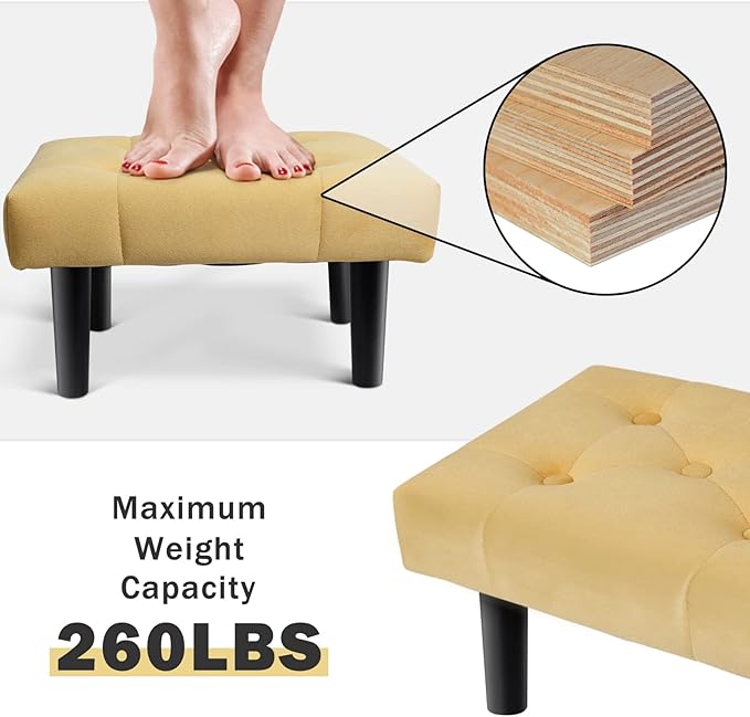 HOUCHICS Small Footstool Ottoman,Velvet Soft Footrest Ottoman with Wood Legs,Sofa Footrest Extra Seating for Living Room Entryway Office(Yellow 1PACK)