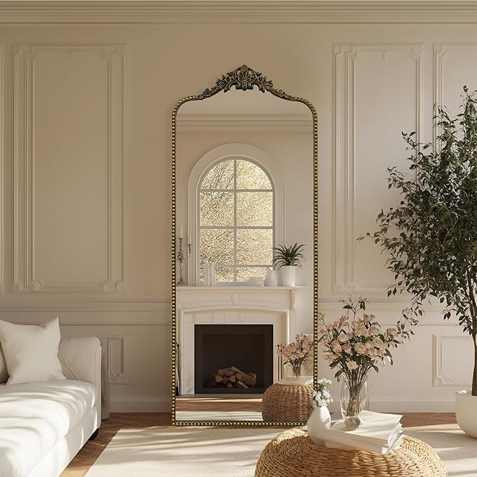 G-LEAF Vintage Baroque Full Length Floor Mirror 75"X30", Victorian Antique Mirror with Brush Black Ornate Metal Frame for Fireplace Entryway Living Room Hallway Bathroom