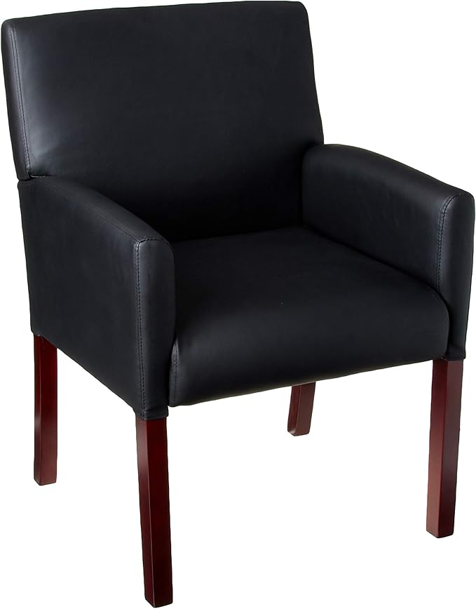 Boss Office Products Reception Box Arm Chair with Mahogany Finish in Black, 25"D x 24.5"W x 35"H