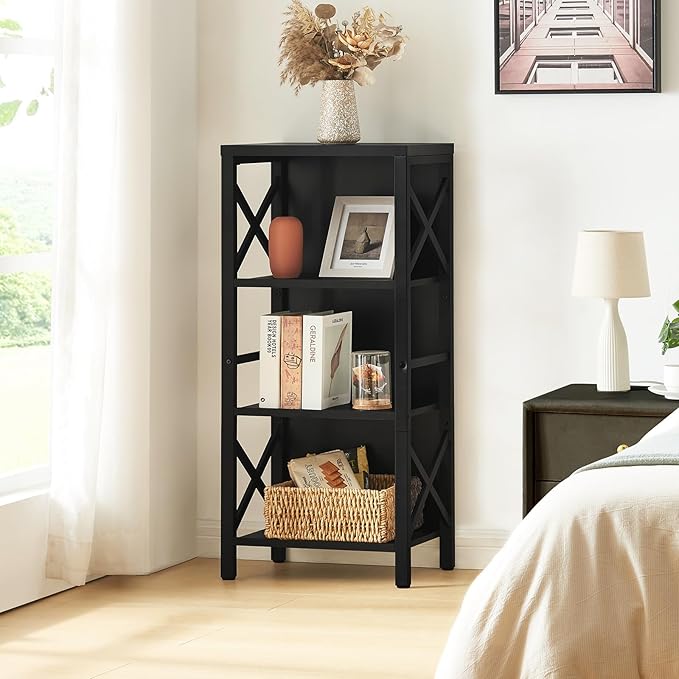 Small Bookshelf,4 Tier Industrial Bookcase with Metal Frame and Backboard,Narrow Black Book Shelf,Office Book case for Small Spaces,Living Room,Bedroom and Home Office