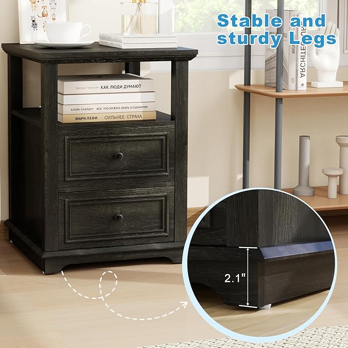 Vipbear Farmhouse Nightstand 18" Dark Gray End Table with Charging Station & 2 Drawers, Rustic Bedside Table with Storage Shelf for Bedroom, Living Room,18.1" D x 18.1" W x 24.2" H
