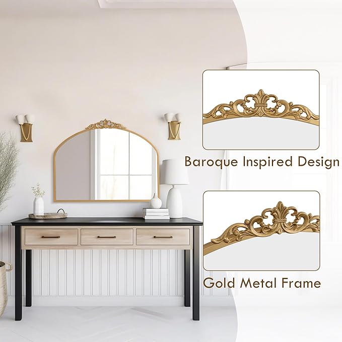 1 Set Vintage Mirror 36x29 Gold Antique Baroque Arched Ornate Traditional Brass Mirror and 8.5x12 Vintage Vanity Makeup Desk Table Mirror for Bathroom Entryway Living Room Hallway Fireplace