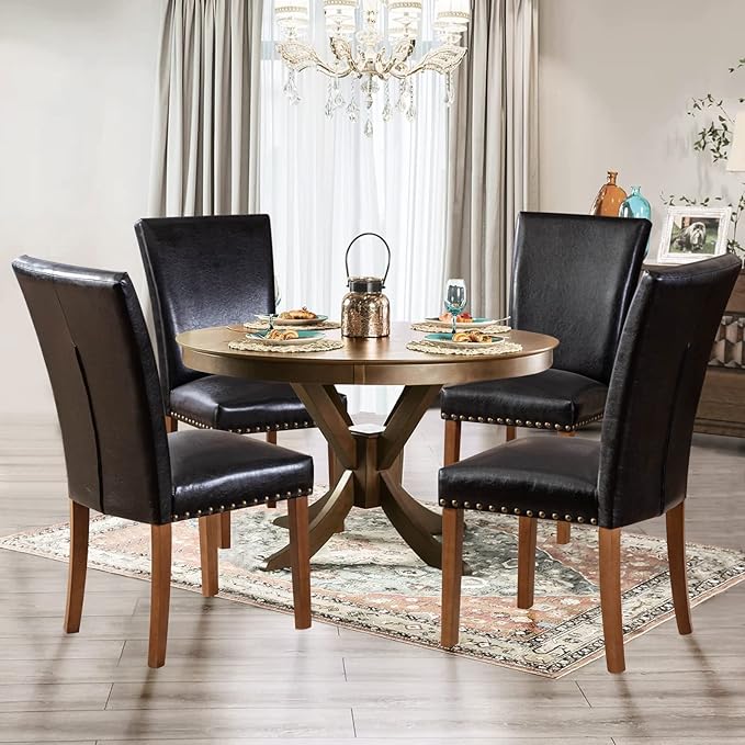 Parsons Dining Chairs Set of 2, Upholstered Nailhead PU Leather Dining Room Kitchen Side Chair with Thick Cushions and Wood Legs, Black