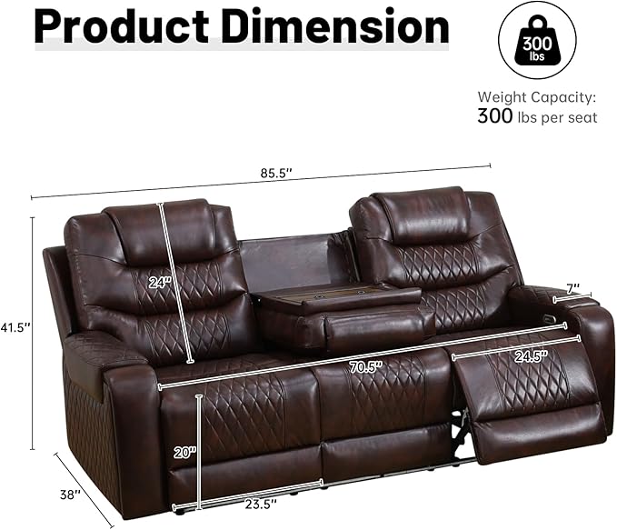 PU Leather Power Wall Hugger Chair Double Reclining Sectional Sofa 3-Seater Loveseat Couch with Reversible Coffee Table, Wireless Chargers, USB Port and Ambient LED Light for Living Room RV Theater
