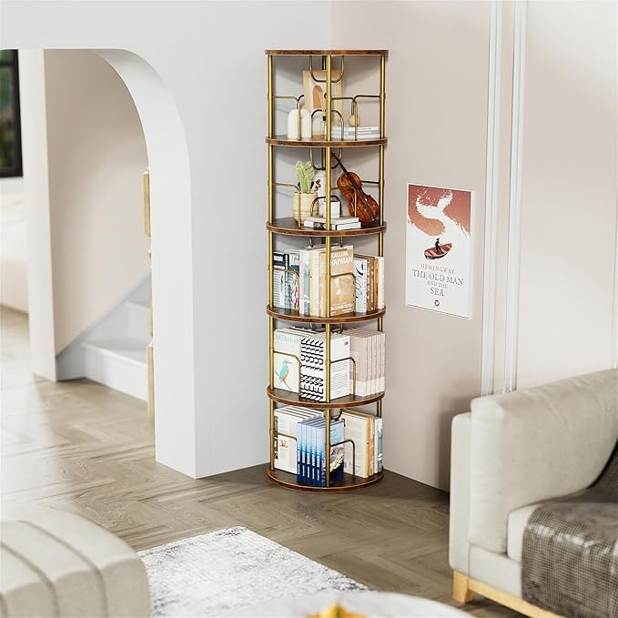 5 Tier Rotating Bookshelf, 360 ° Display Stackable Spinning Bookshelf Tower, Narrow Space Saving Tall Floor Standing Swivel Bookcase Corner Storage Organizer for Bedroom, Living Room, Gold