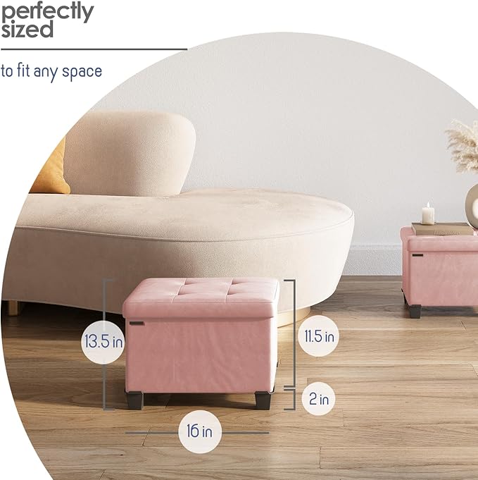 STORAGEBUD Storage Ottoman Cube with Small Bin, 16-in Square Ottoman with Storage for Living Room and Bedroom, Small Ottomans Foot Rest, Faux Leather Foot Stools Ottomans Max 330lbs, Pink