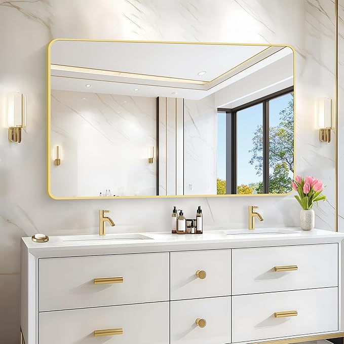 55x36 Inch Gold Bathroom Mirror, Metal Framed Large Rectangle Mirror, Rounded Rectangular Vanity Mirror, Wall Mounted Mirror for Over Sink Living Room Bedroom Entryway Horizontal/Vertical