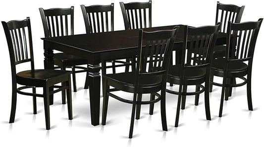East West Furniture LGGR9-BLK-W 9 Piece Modern Dining Table Set Includes a Rectangle Wooden Table with Butterfly Leaf and 8 Dining Chairs, 42x84 Inch, Black