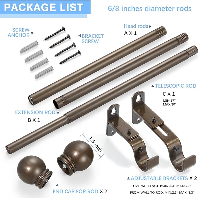 Curtain Rods for Windows 16 to 48 Inches, Curtain Rod Max Adjustable Length of 60 IN, 6/8" Diameter Drapery Rods Round Finials, Brown, Pack of 1