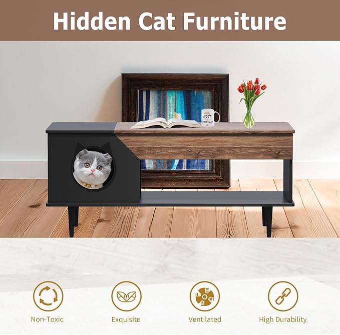 GAOMON Black Coffee Table 45'' Cat Living Room Tables with Storage Drawer, Wooden Rustic Coffee Table with Cat House, Multifunctional Hidden Kitty Litter Box Furniture