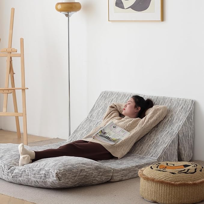 N&V Folding Chainse Lounger Bean Sofa, Foam Filling Folding Matress Sofa, Includes Removable and Machine Washable Cover, Soft Premium Faux Fur, White