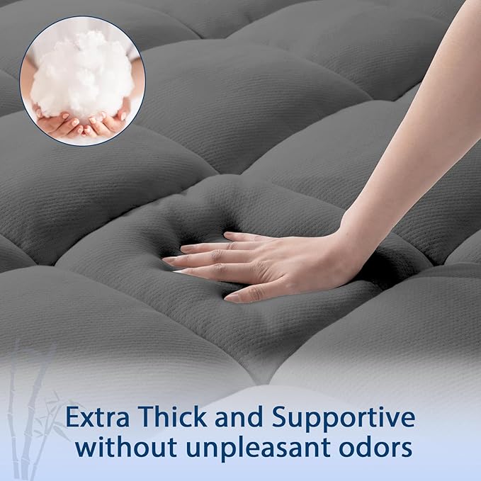 ELEMUSE Queen Grey Cooling Bamboo Viscose Mattress Topper for Back Pain, Extra Thick Mattress Pad Cover, Plush Soft Pillowtop with Elastic Deep Pocket, Overfilled Down Alternative Filling