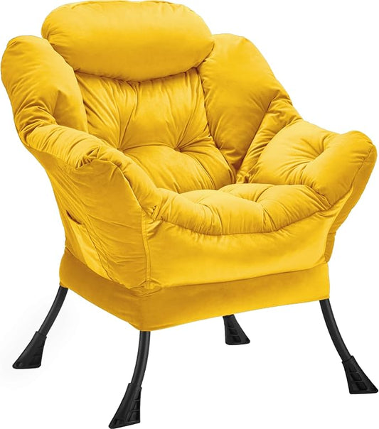 Lazy Chair Thick Padded, Comfy Velvet Accent Lounge Chair with Stable Frame, Leisure Sofa Armchair with Armrests and Side Pocket, Reading Chair for Bedroom, Living Room, Office, Yellow