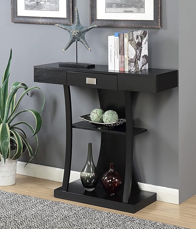 Convenience Concepts Newport Harri Console Table 36" - Modern Sofa Table with Storage Shelves, One Drawer Narrow Entryway Hall Table for Living Room, Black