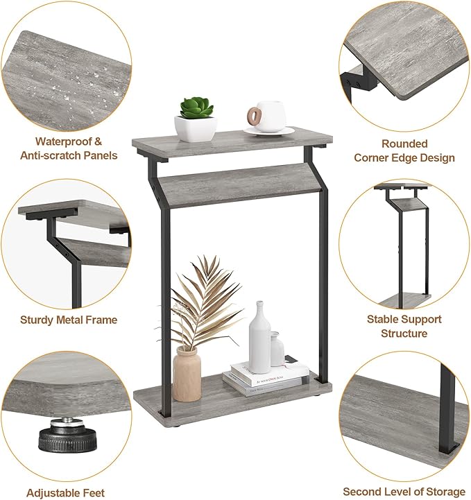 Narrow Side Table for Small Spaces, Slim Couch Tray Table, Skinny Thin End Table for Living Room, Bedroom, Grey