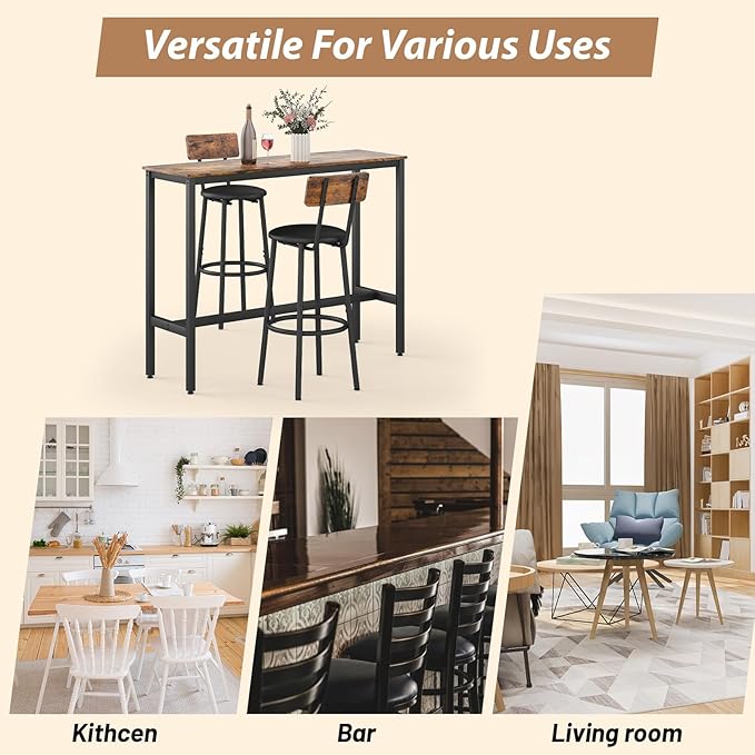 Dining Table Set for 2, 3-Piece Bar Table and Chairs Set, Kitchen Table and Chairs, High Top Table with 2 PU Upholstered Stools, Space-Saving Pub Table Sets for Small Space, Brown