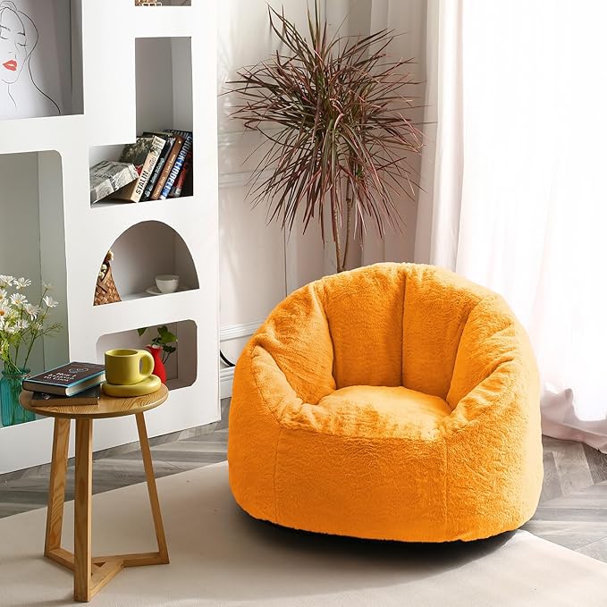 N&V Medium Shell Bean Bag Chair, Adult Size Bean Bag Sack, Foam Filling, Includes Removable and Machine Washable Cover, 37in, Soft Faux Fur, Yellow
