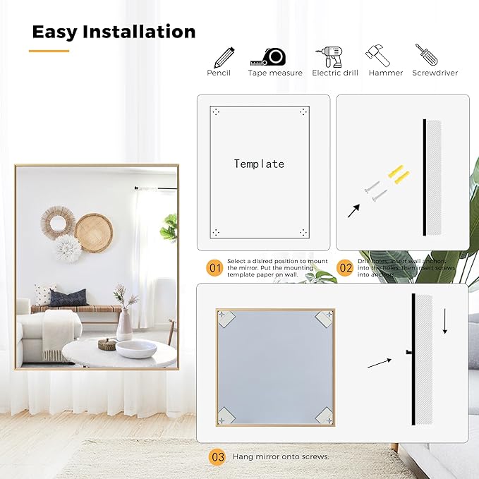 27x36 Inch Orange Gold Bathroom Mirror for Wall, Aluminum Frame Rectangle Rectangular Vanity Mirror, Modern Large for Bedroom, Living Room, Horizontal or Vertical