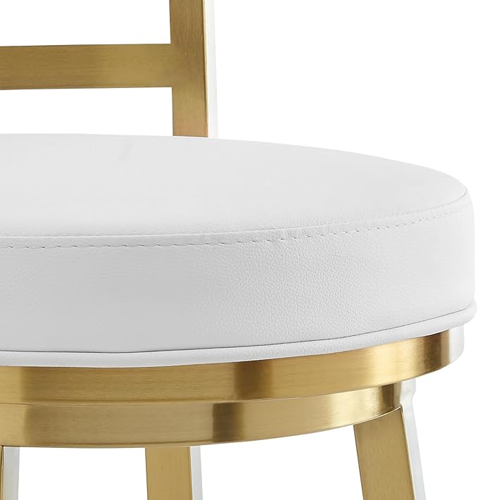 Armen Living Madrid 30" Seat Height Swivel Modern White Faux Leather and Gold Brushed Stainless Steel Bar Stool for Kitchen Island Counter