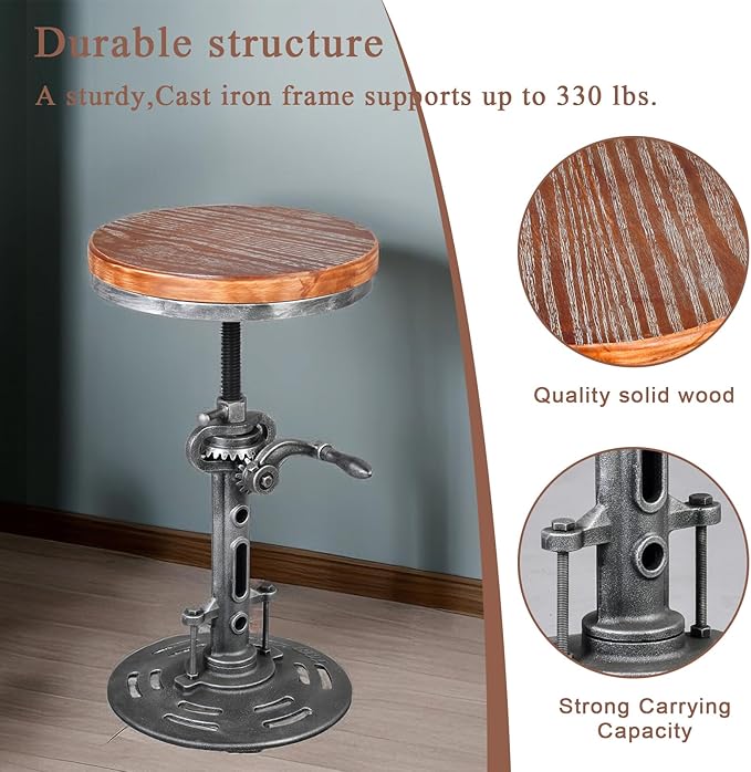 LOKKHAN American Antique Steampunk Deco Vintage Industrial Bar Cafe Stool, Retro Stylish Cast Iron Base Swivel Round Wood Top, Easily Adjusts by Crank Handle