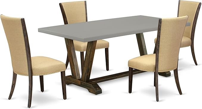 East West Furniture V797VE703-5 5 Piece Dining Room Table Set Includes a Rectangle Dining Table with V-Legs and 4 Brown Linen Fabric Upholstered Parson Chairs, 40x72 Inch, Multi-Color